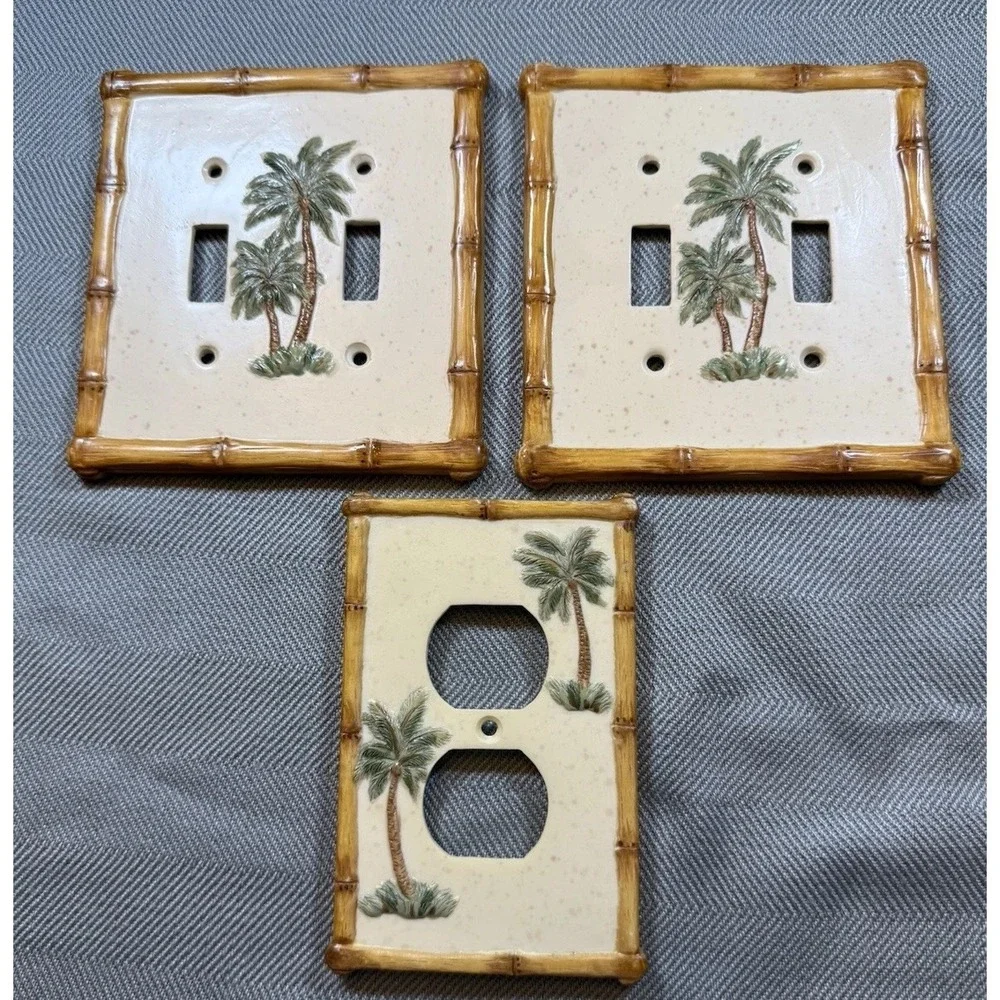Raised Palm Tree & Bamboo Plates 4 Singles 2 Doubles 1 Outlet (Plastic)